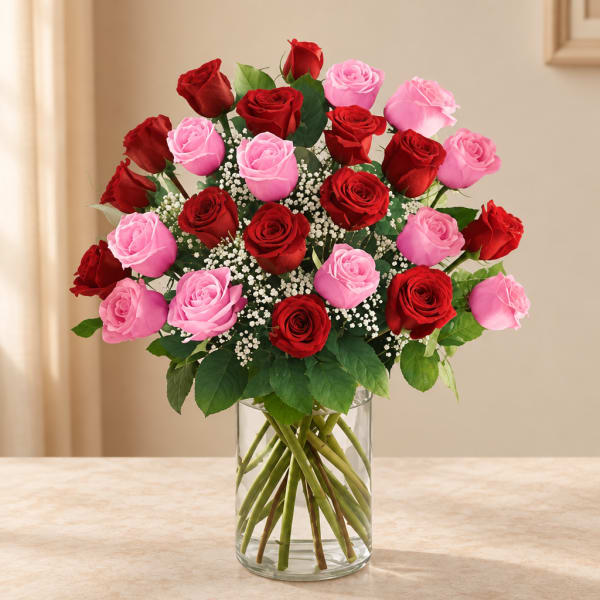 Bouquet of red and pink roses in a clear glass vase