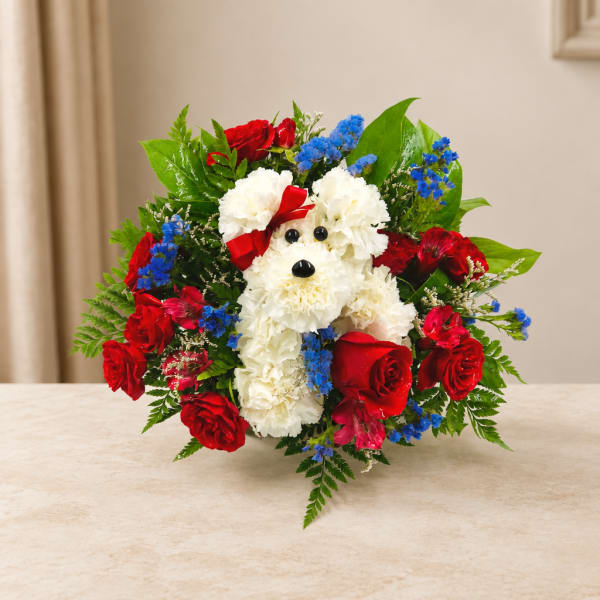 Dog-shaped bouquet of red roses, white carnations, and blue flowers