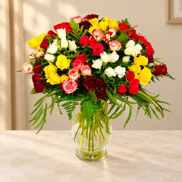 Mixed roses in red, yellow, white, and pink in a glass vase