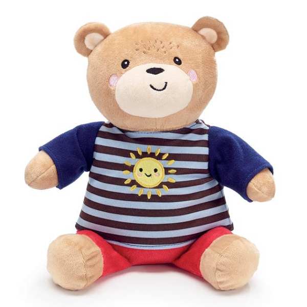Plush teddy bear wearing a striped shirt with a sun graphic
