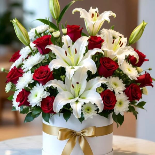 Red roses and white lilies arranged in a white hatbox with a gold ribbon