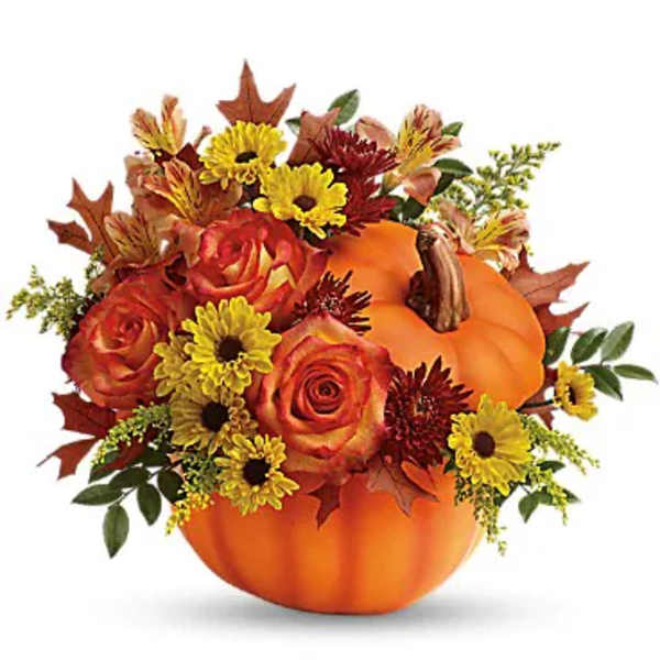 Pumpkin-shaped arrangement with orange roses and yellow daisies