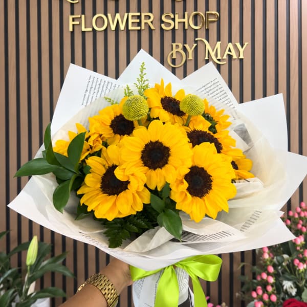 Bouquet of yellow sunflowers wrapped in white paper with a green ribbon