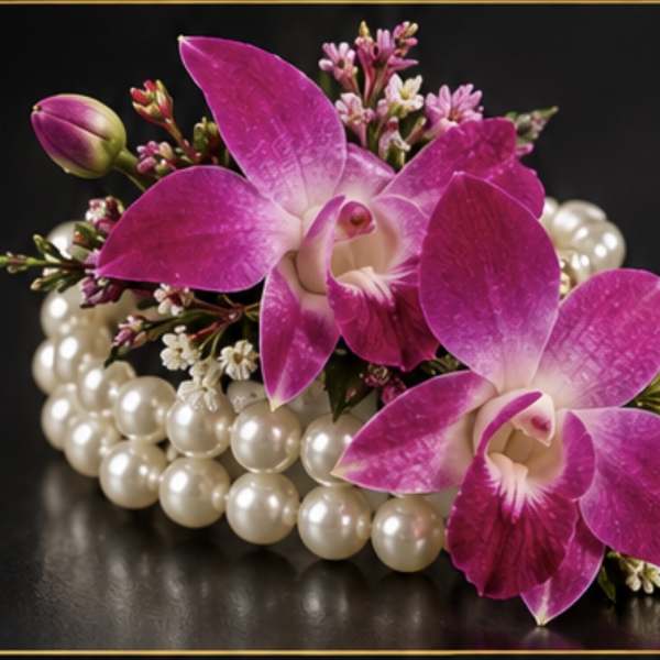 Pink orchids arranged with pearl beads on a black surface