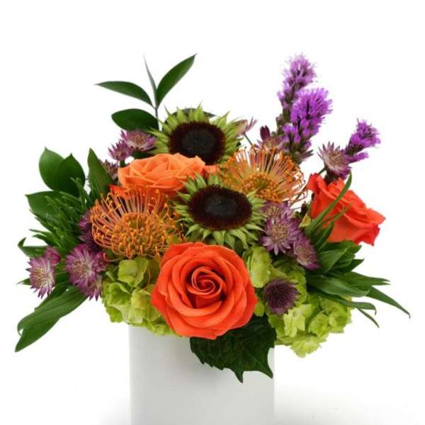 Compact arrangement of orange roses, green hydrangeas, and purple blooms in a white cylinder vase