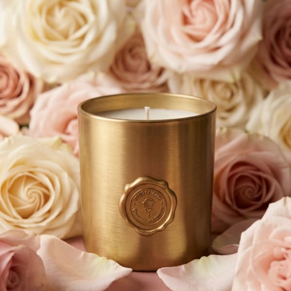 Gold candle surrounded by blush and cream roses