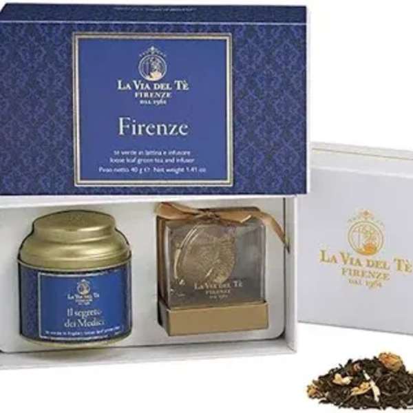 Gift box with tea tin, tea bag, and loose tea leaves