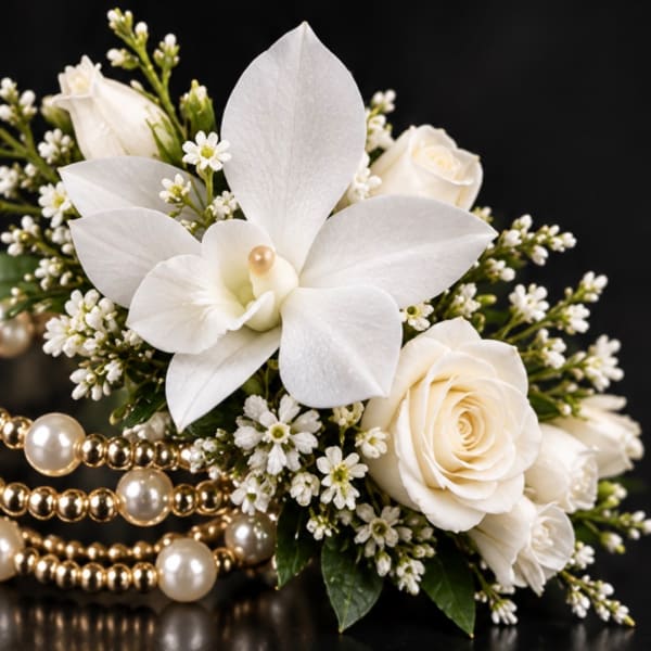 White floral bouquet with roses and a large orchid bloom