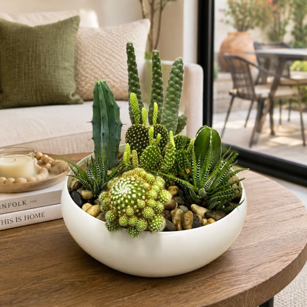 Mixed cactus and succulent arrangement in a white bowl planter