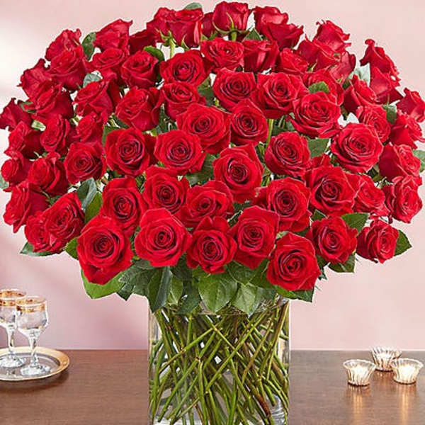Large bouquet of red roses arranged in a clear glass cylinder vase on a table