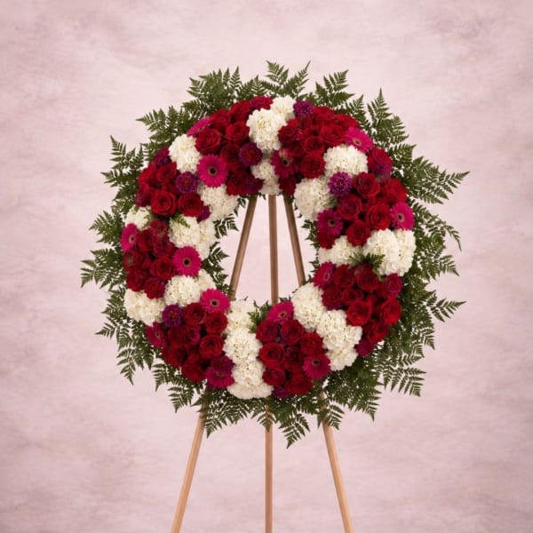 Circular floral wreath on a wooden easel with red, white, and pink flowers