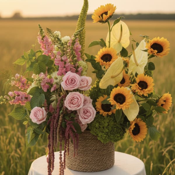 Pink roses and sunflowers in a woven basket arrangement