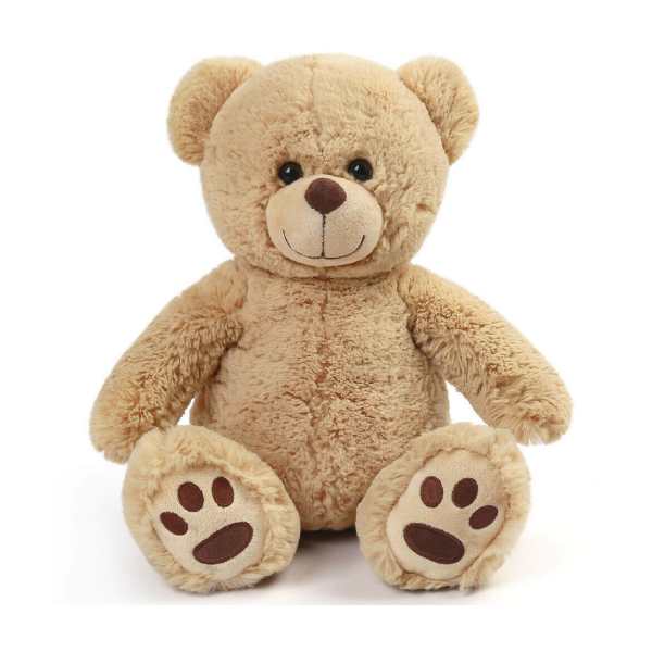 Plush teddy bear sitting upright on a white background