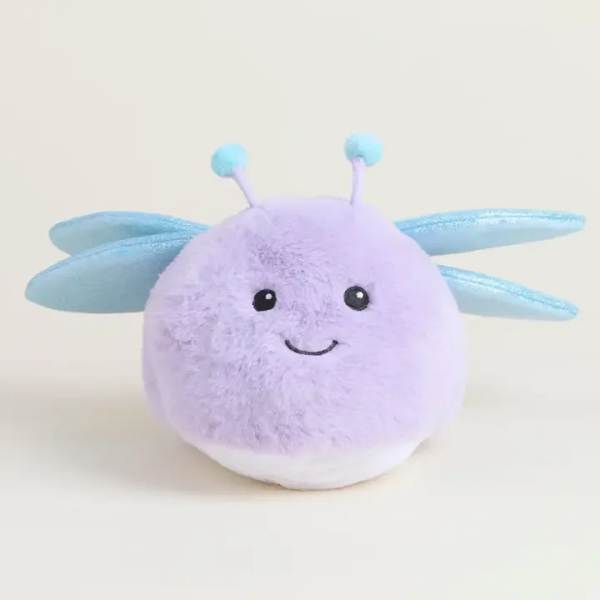 Round lavender plush toy with blue wings and antennae