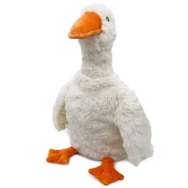 White plush goose toy with orange beak and feet sitting upright