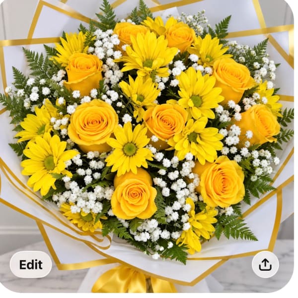 Yellow roses and daisies with white filler flowers in wrapped bouquet