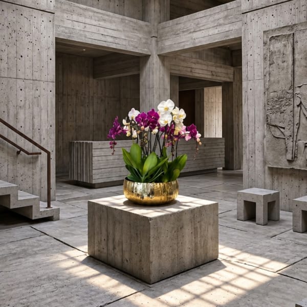 Orchid arrangement in a gold bowl on a concrete pedestal