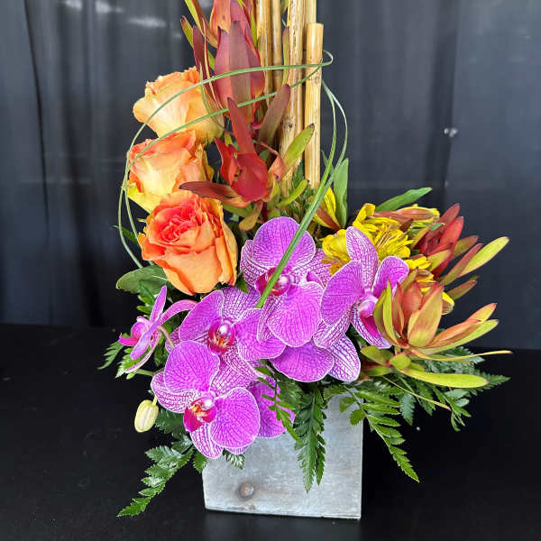 Orange roses and purple orchids in a square metal vase with bamboo accents