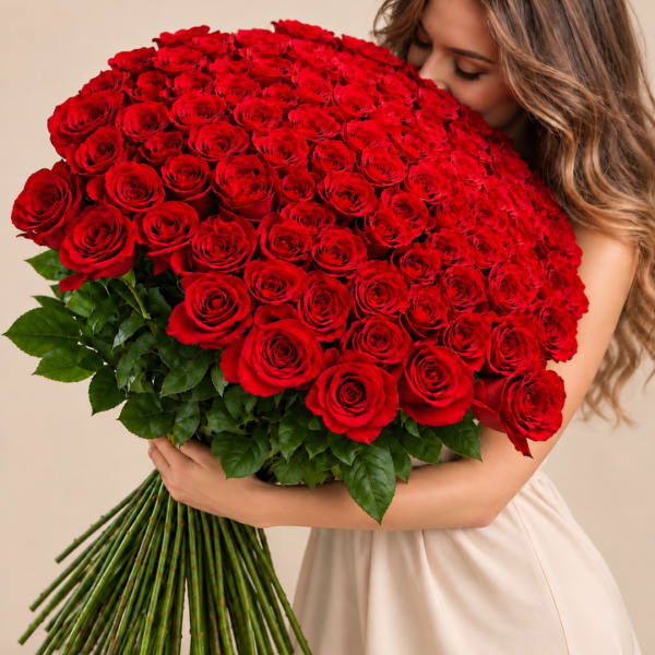 Woman holding a large bouquet of red roses
