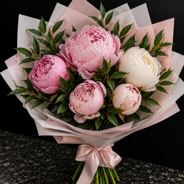 Pink and white peony bouquet wrapped in pale pink paper