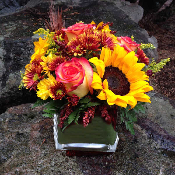 Bouquet of sunflowers, roses, and chrysanthemums in a square glass vase