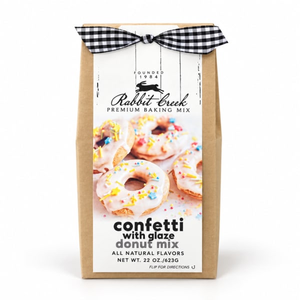 Bag of confetti glazed donut mix with a black-and-white bow