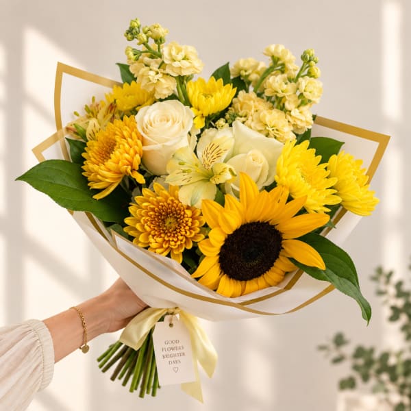 Yellow bouquet with sunflowers, roses, and chrysanthemums wrapped in white paper