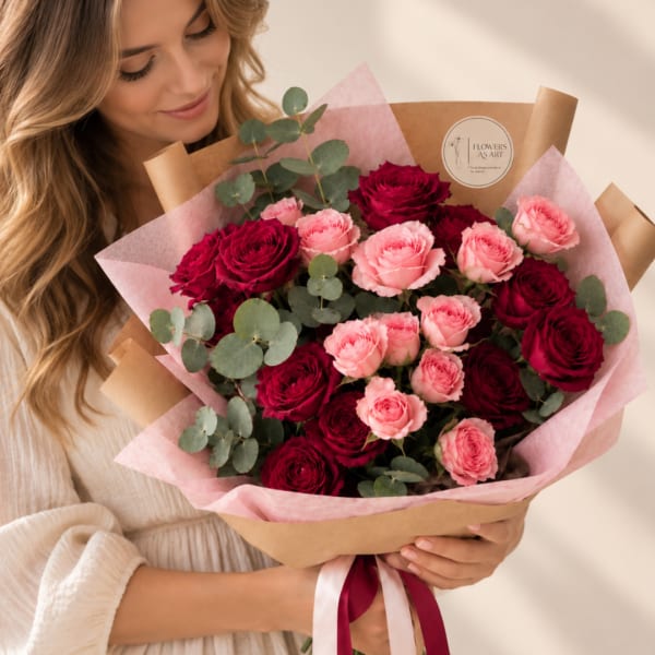 Woman holding a bouquet of pink and deep red roses wrapped in kraft paper