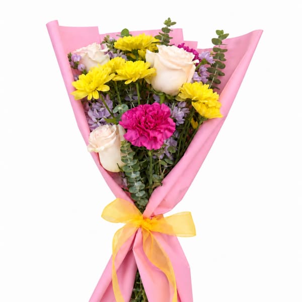 Pink-wrapped bouquet with yellow, white, and magenta flowers tied with a yellow ribbon