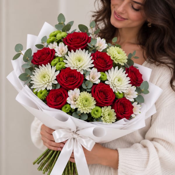 Woman holding a bouquet of red roses and white chrysanthemums wrapped in white paper