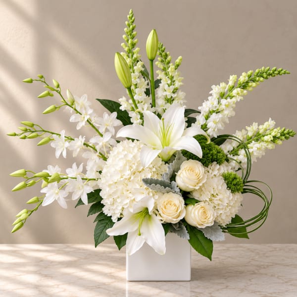 White lilies and roses arranged in a square white vase