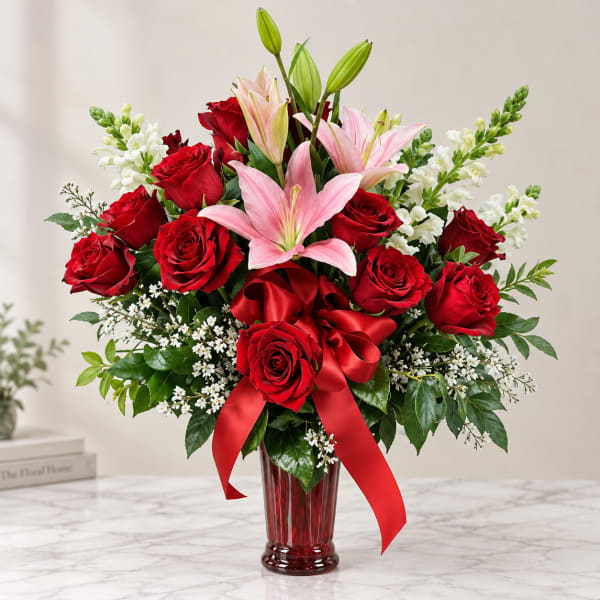 Red roses and pink lilies in a red glass vase with a ribbon