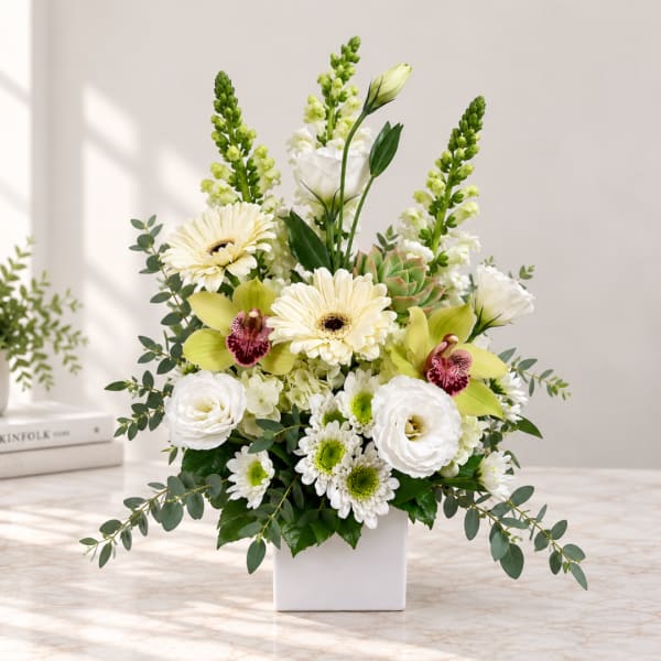 White and green floral arrangement in a square white vase
