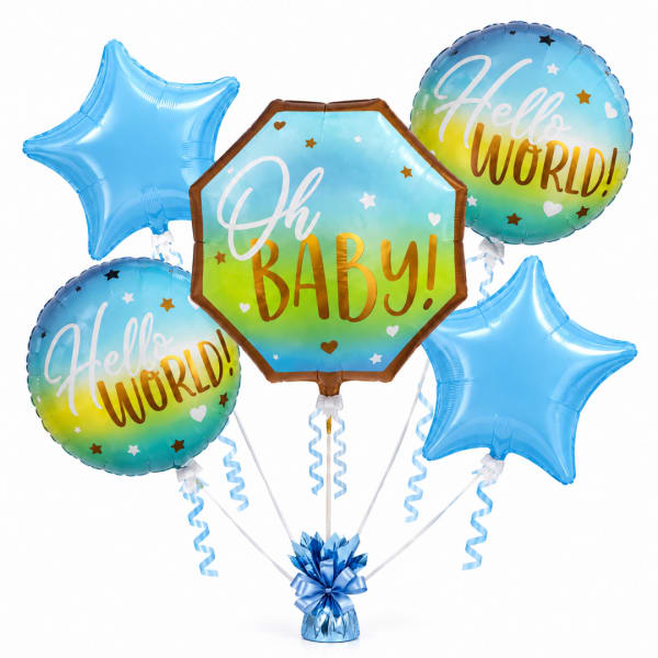 Cluster of baby shower balloons with "Oh Baby!" and "Hello World!" text