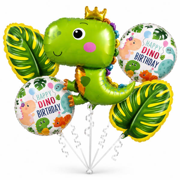 Dinosaur birthday balloon bouquet with leaf-shaped balloons
