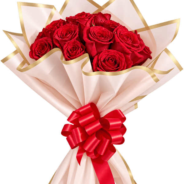 Bouquet of red roses wrapped in pale paper with a red ribbon