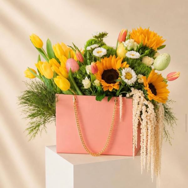 Pink gift bag filled with yellow tulips, sunflowers, and daisies