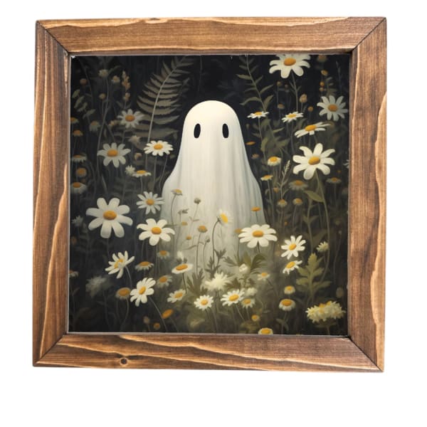 Framed ghost illustration surrounded by daisies