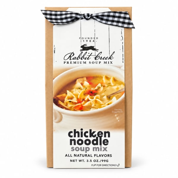 Chicken noodle soup mix in a kraft box with a checkered bow