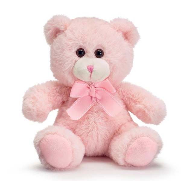 Pink plush teddy bear with a ribbon bow