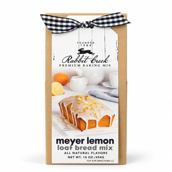 Boxed Meyer lemon loaf bread mix with a black-and-white ribbon