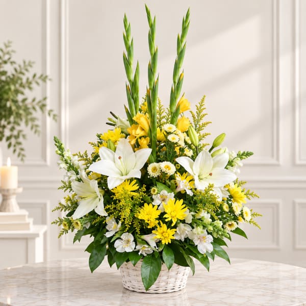 White lilies and yellow flowers arranged in a white basket