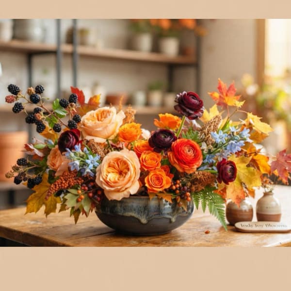 Autumn floral arrangement in a dark bowl with peach, orange, and burgundy blooms