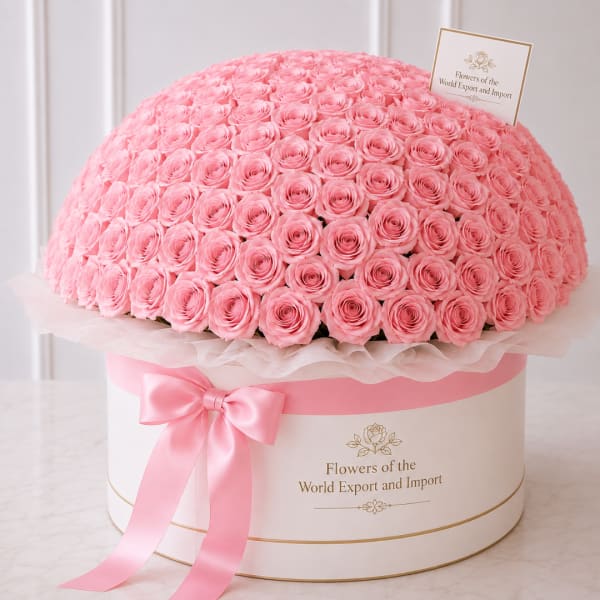 Large dome of pink roses in a round hatbox with a pink ribbon