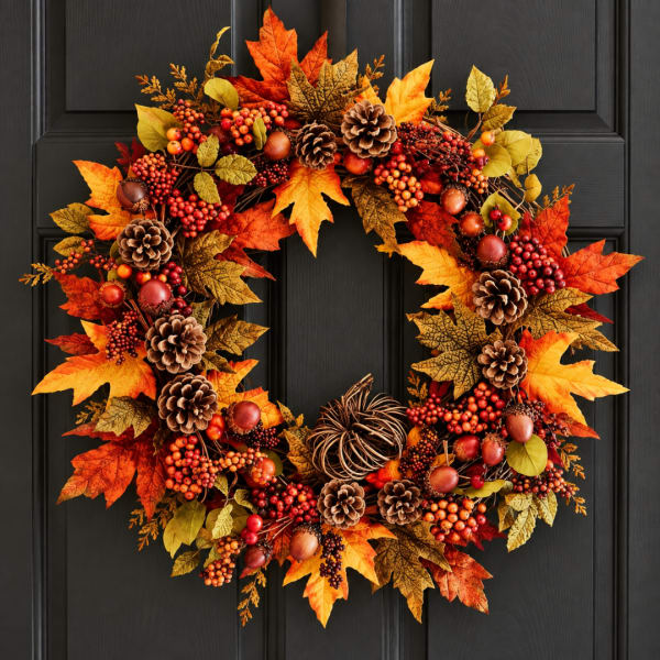 Autumn wreath with orange leaves, berries, and pinecones on a dark door