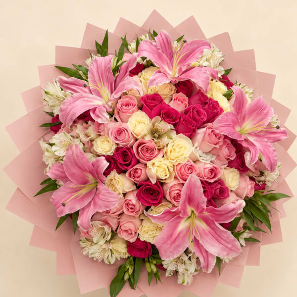 Pink lily and rose bouquet wrapped in pale pink paper