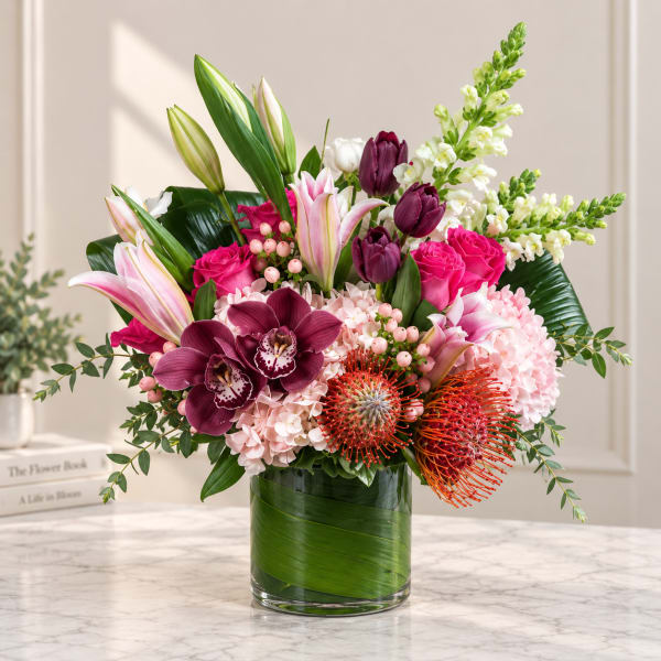 Mixed bouquet of pink, white, and purple flowers in a glass vase