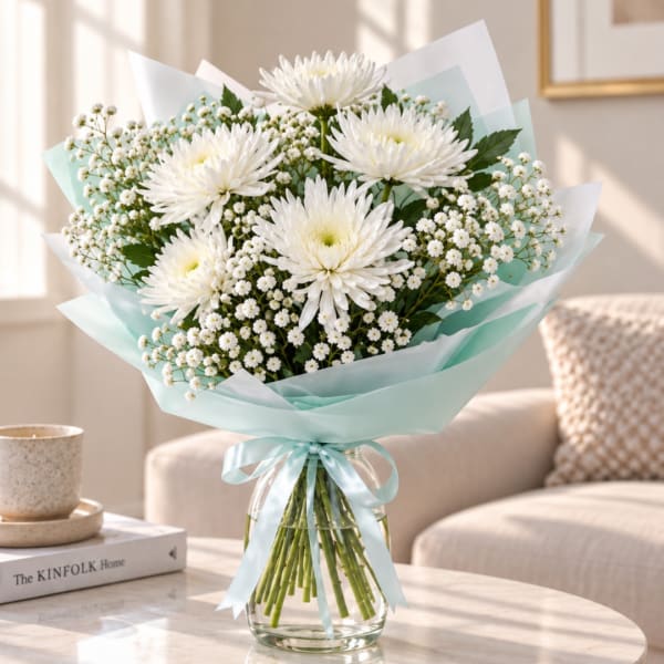White chrysanthemum bouquet in a glass vase with pale blue wrap
