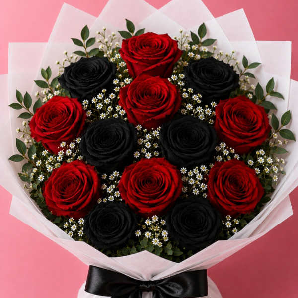 Bouquet of red and black roses with small white filler flowers, wrapped in white paper and tied with a black ribbon.