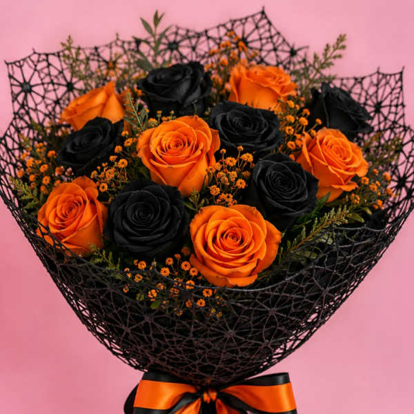 Bouquet of orange and black roses wrapped in black mesh with an orange ribbon